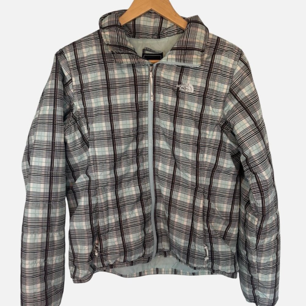 The North Face Women's Large Puffer Coat Checkered Blue Black Jacket Zip up